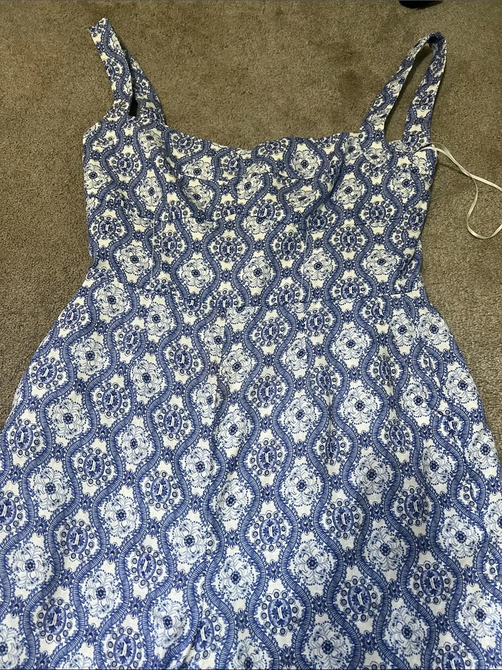 Saloni Rachel Jumpsuit Blue White Floral Lace Print Linen Size 6 Wide Leg‎ Chic